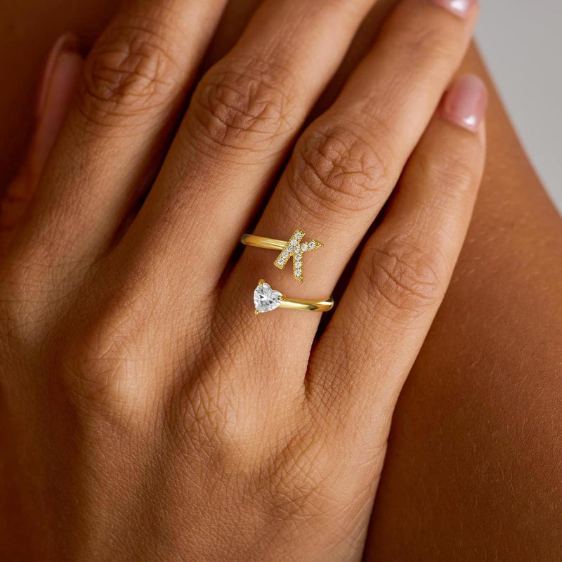 Treasure Bender Valentines Day Gifts Initial Gold Rings for Girls Women - Dainty 14K Gold Plated Adjustable Letter A-Z Rings Teen Girls Gifts Trendy Stuff Heart CZ Initial Ring Teens Birthday Gift - Image 4